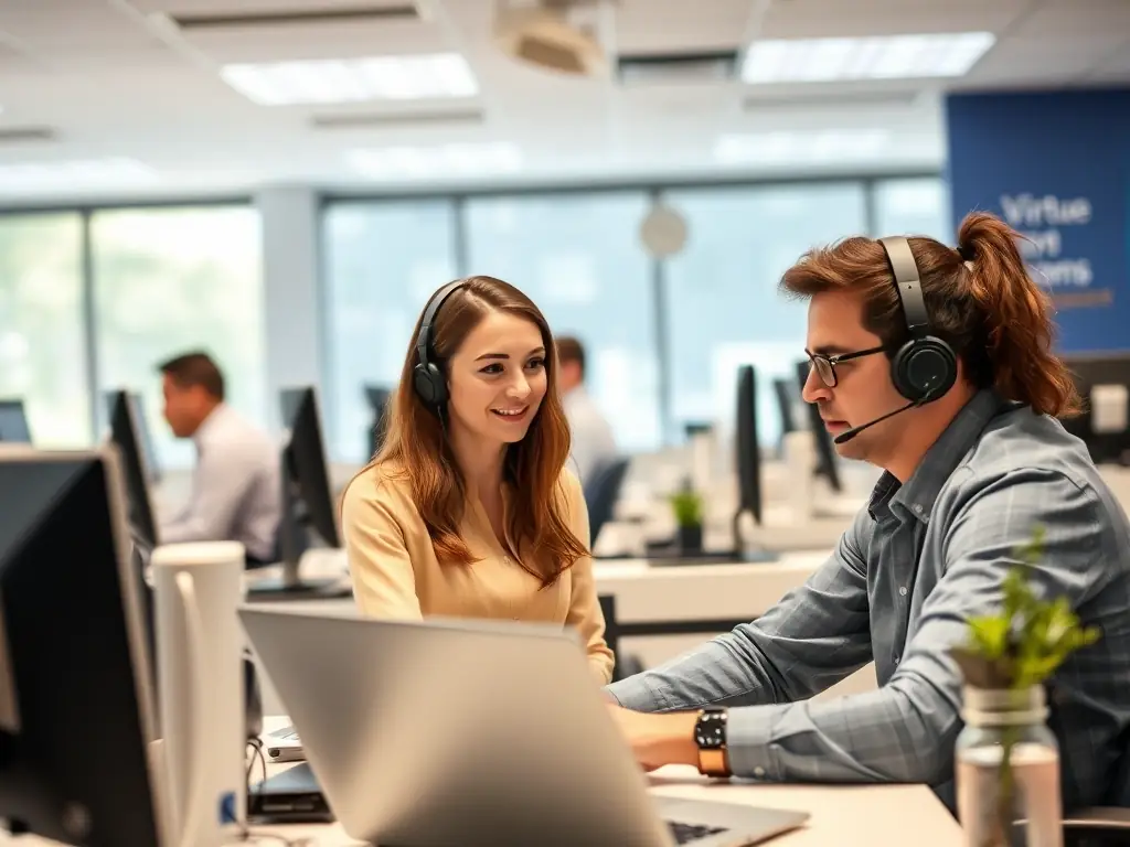 A help desk environment with IT support staff assisting clients, showcasing Virtue Technology Solutions' commitment to providing excellent customer service and technical assistance.