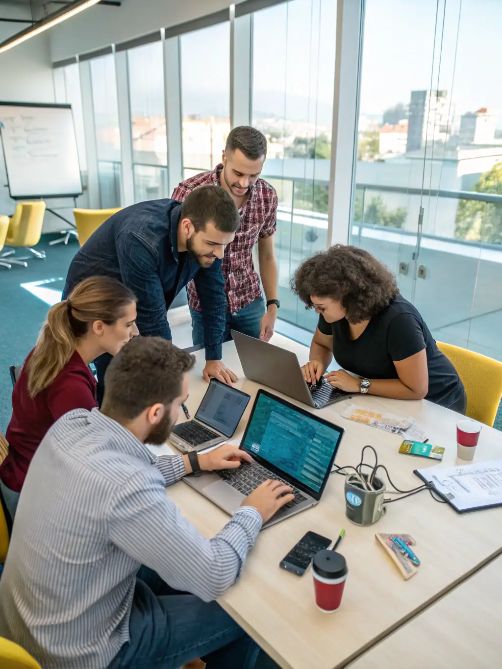 A team of IT professionals collaborating on a project, showcasing teamwork and expertise in delivering technology solutions.