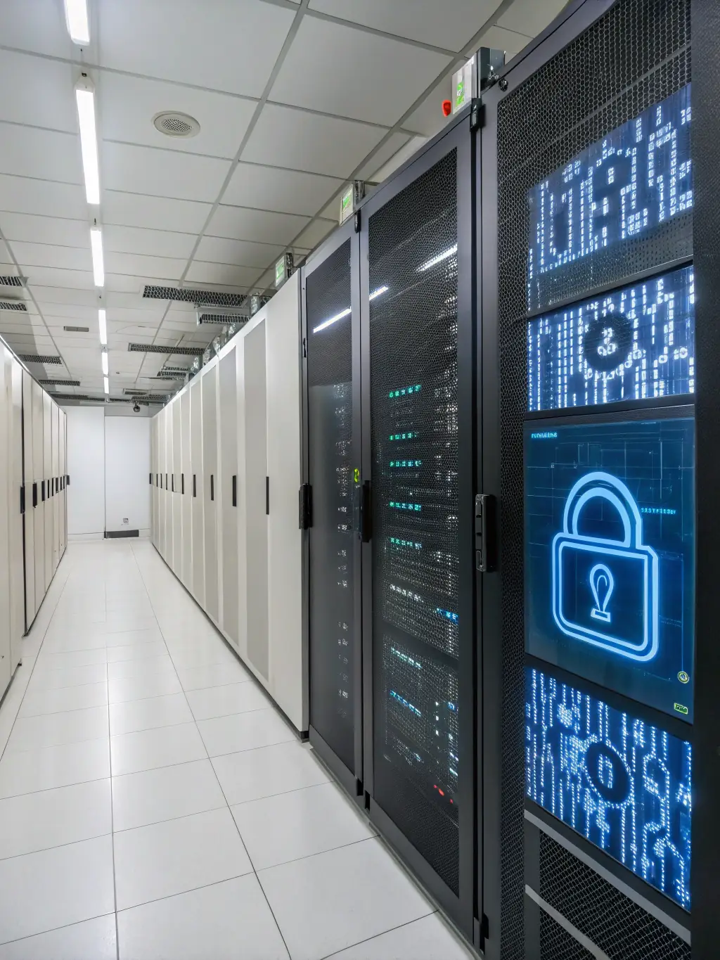 A secure data center with servers and networking equipment, highlighting the importance of data security and infrastructure.