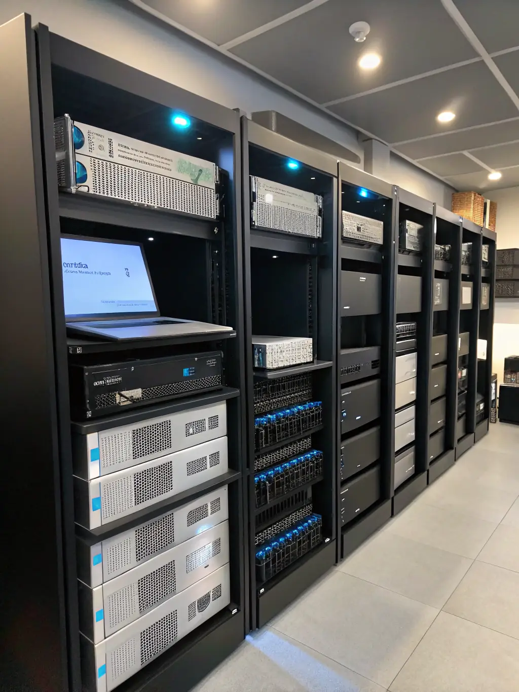 A display of various technology products including laptops, software packages, and networking equipment, showcasing the breadth of available solutions.