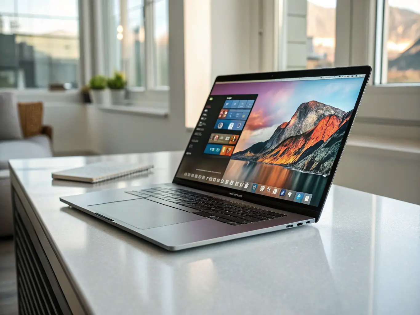 A high-resolution image showcasing a modern laptop with advanced software interface displayed on the screen, set in a professional office environment.