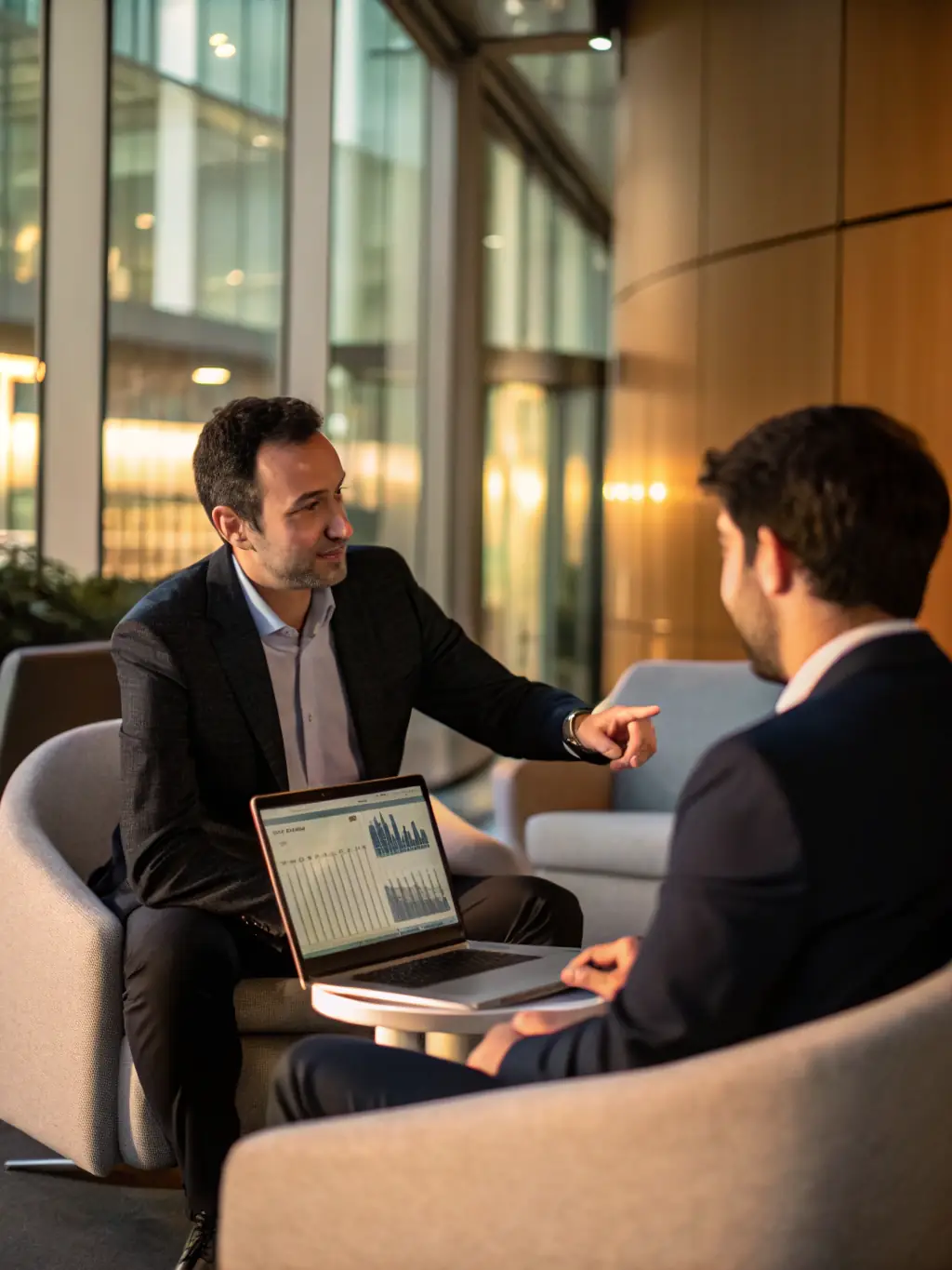 A professional consultant discussing IT strategies with a client in a modern office setting, emphasizing collaboration and problem-solving.