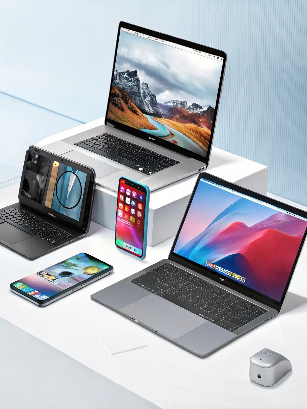 A display of various technology products including laptops, software packages, and networking equipment, showcasing the breadth of available solutions.