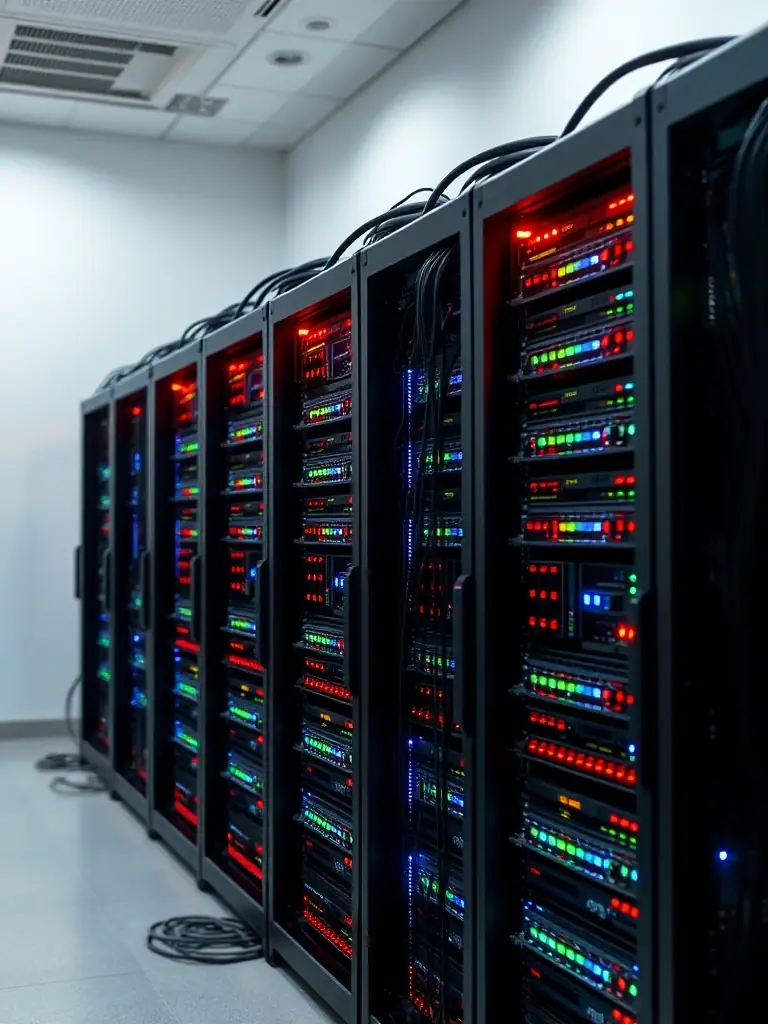A server rack filled with high-performance servers, illustrating the robust hardware solutions offered by Virtue Technology Solutions.