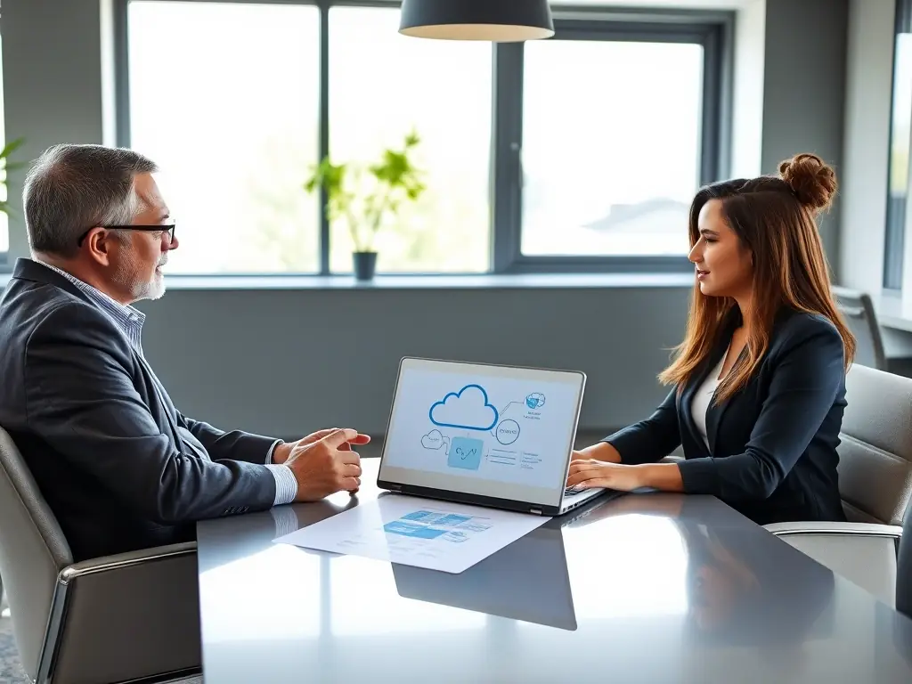 A consultant explaining cloud migration strategies to a business owner, showcasing the benefits of cloud technology.