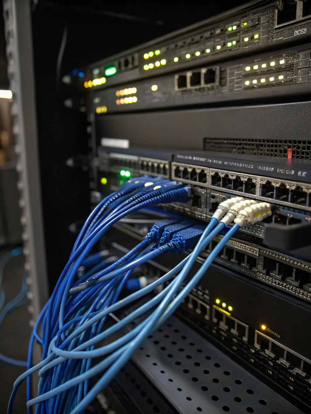 A network switch with multiple ports connected, representing the comprehensive networking solutions provided by Virtue Technology Solutions.