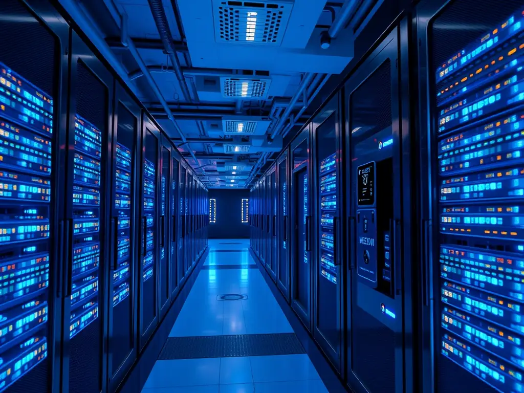 A secure data center with rows of servers, symbolizing data protection and cybersecurity measures implemented by Virtue Technology Solutions.