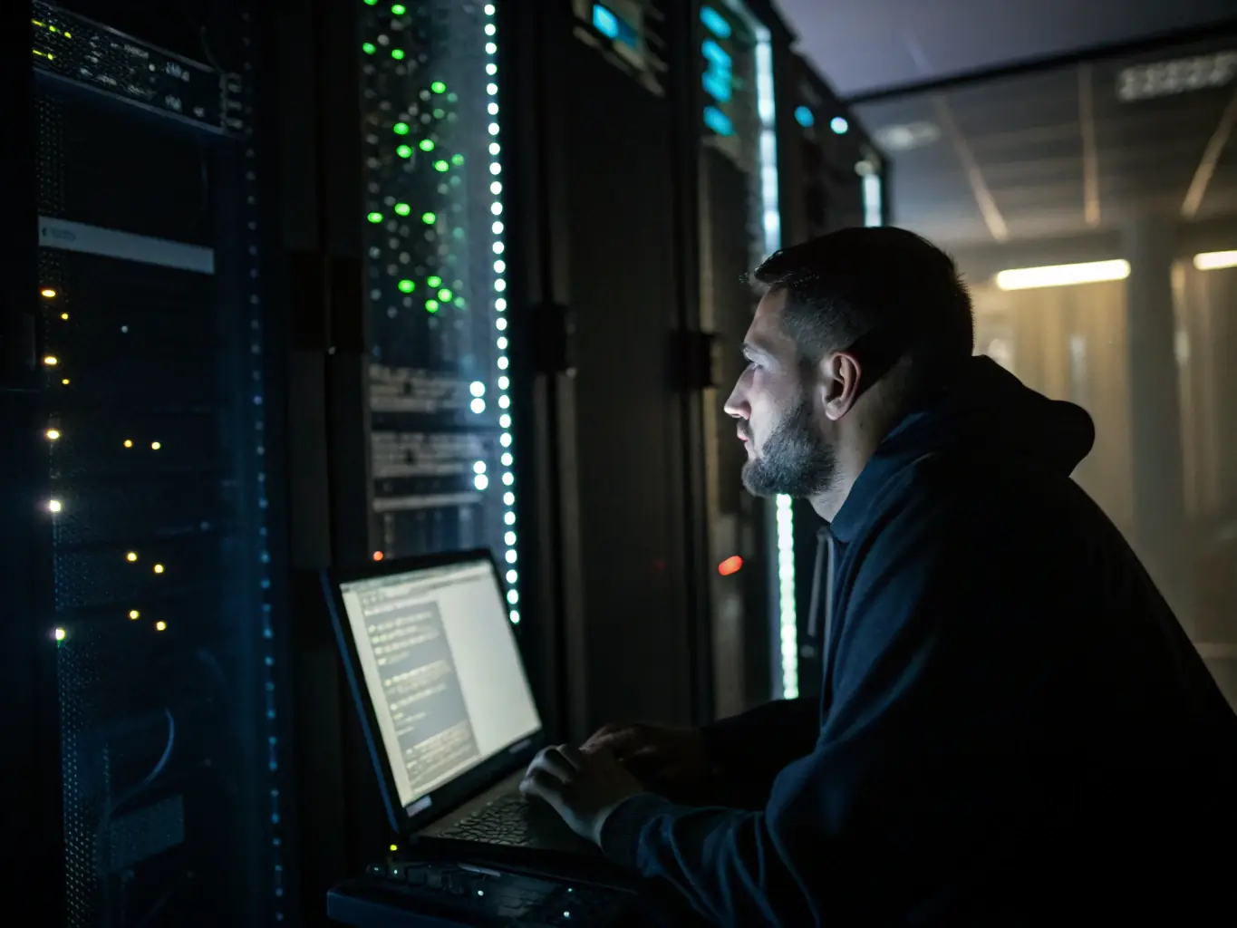 A professional IT technician remotely monitoring a network server room, ensuring optimal performance and security for a client's business operations.